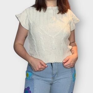 Vintage 1990s Jacklyn Smith Cream Cable Knit Short Sleeve, Sweater/Top